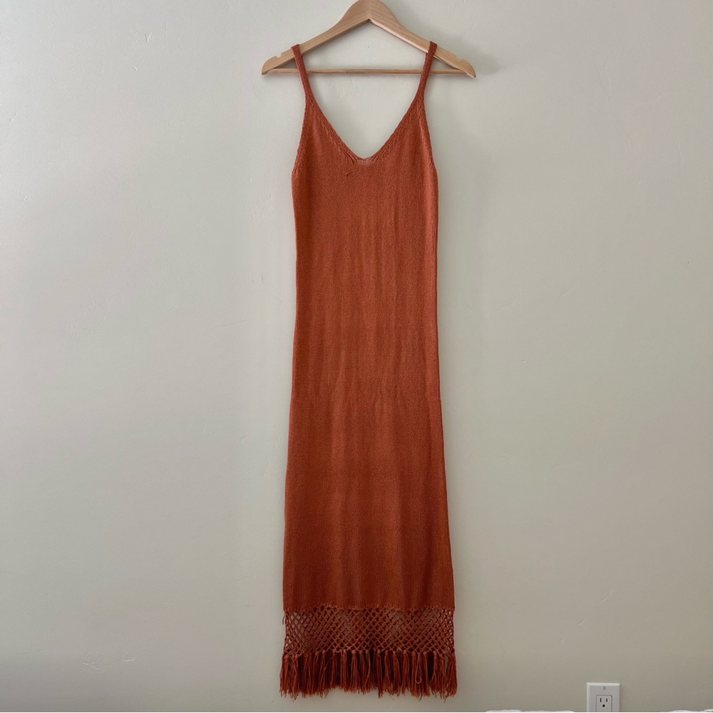 Autumn orange brown knit fringe dress
